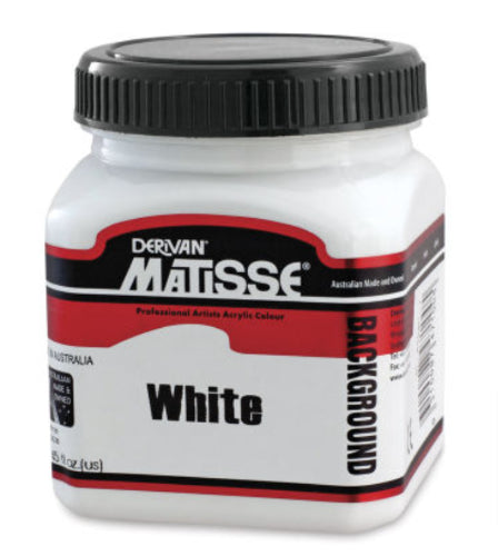 Matisse Background 250ml White Acrylic Paint in a stack-up jar, ideal for creating vibrant art on various surfaces.