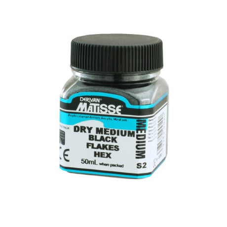 Matisse Dry Med 40ml Black Flakes container with rich black pigment flakes for versatile painting and crafting projects.