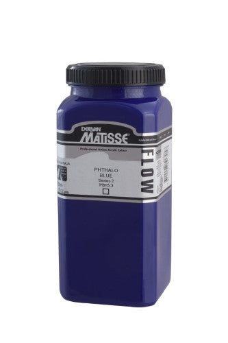 Vibrant 500ml Matisse Flow Phthalo Blue acrylic paint, ideal for smooth brushstrokes and airbrush techniques.