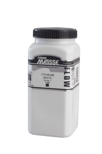 Matisse Flow 500ml Titanium White S1 acrylic paint, ideal for versatile techniques with smooth, rich colors and low-sheen finish.