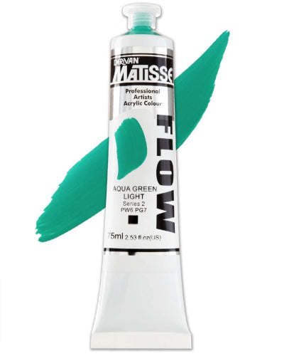 Aqua Green Light Matisse Flow Acrylic Paint in 75ml, ideal for vibrant artworks with smooth, free-flowing application.