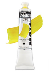 Vibrant Bismuth Yellow Matisse Flow Acrylic Paint in a 75ml tube, perfect for fluid brushstrokes and versatile applications.