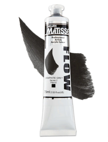 A 75ml tube of Matisse Flow acrylic paint in Graphite Grey S2, featuring fluid consistency for smooth brushwork and airbrushing.