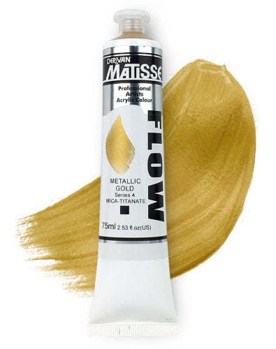 A vibrant 75ml tube of Matisse Flow Metallic Gold acrylic paint, perfect for detailed artwork and smooth finishes.