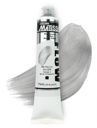 Metallic Silver Matisse Flow Acrylic Paint in 75ml, ideal for smooth brushwork, airbrushing, and versatile art styles.