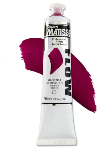 Magenta S3 Matisse Flow acrylic paint in a 75ml tube, featuring vibrant color and smooth application for versatile artistic techniques.