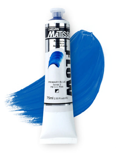 Matisse Flow Primary Blue acrylic paint in 75ml, offering smooth brushstrokes and a low-sheen finish for versatile art applications.