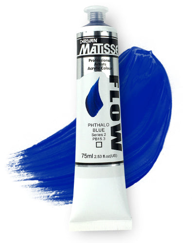 Matisse Flow 75ml Phthalo Blue S2 acrylic paint, vibrant shade for fluid application in various artistic techniques.