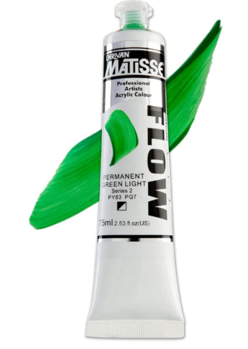 Acrylic paint tube of Matisse Flow 75ml in Perm Green Lt S2, ideal for detailed and free-flowing artistic applications.