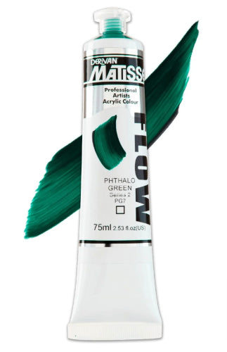 Matisse Flow 75ml acrylic paint in Phthalo Green S2, ideal for vibrant artworks with fluid brushstrokes and low sheen finish.