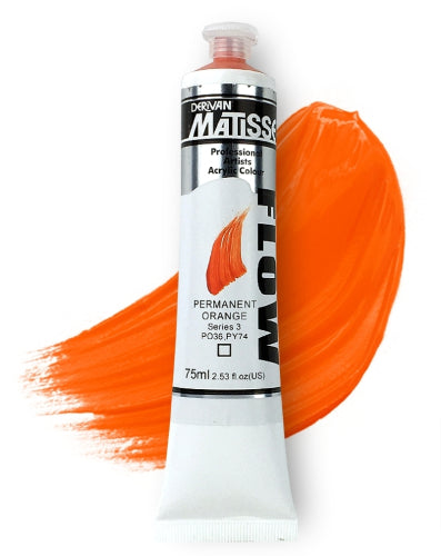 Matisse Flow 75ml Perm Orange S3 acrylic paint, ideal for vibrant, smooth application and versatile techniques for artists.