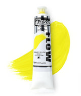 Vibrant 75ml Matisse Flow Acrylic Paint in Primary Yellow, perfect for smooth brushstrokes and detailed airbrush techniques.