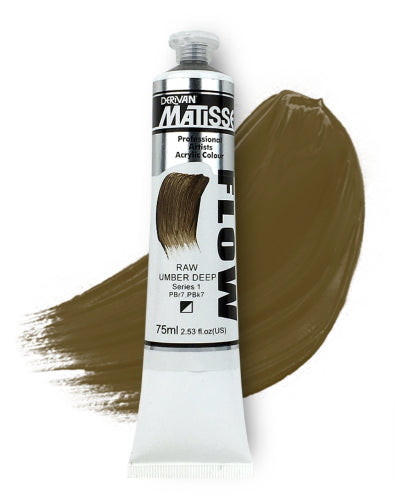 Acrylic paint tube showcasing Matisse Flow in Raw Umber Deep, 75ml, ideal for smooth brushwork and vibrant artwork.