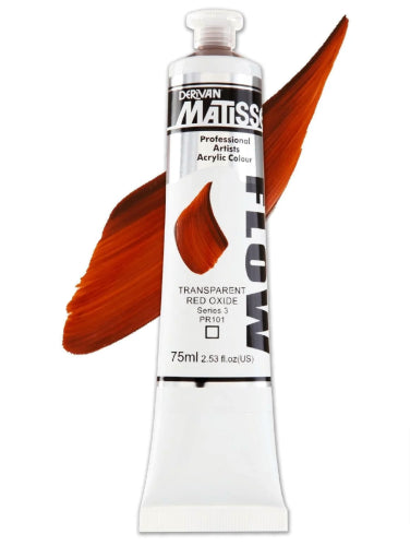 Acrylic paint in Trans Red Oxide, featuring a thin viscosity for smooth application and ideal for various artistic techniques.