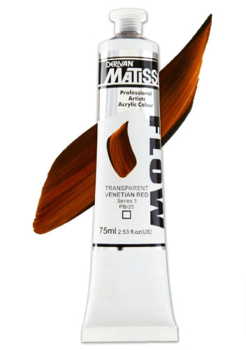 Vibrant Matisse Flow Trans Venetian Red acrylic paint in 75ml, perfect for detailed artwork and free-flowing brushstrokes.