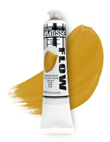 Vibrant Matisse Flow acrylic paint in Trans Yellow Ox S3, featuring low-sheen finish and versatile application for artists.