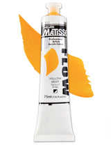 Vibrant Matisse Flow acrylic paint in 75ml Yellow Deep S2, perfect for fluid brushwork and detailed painting techniques.