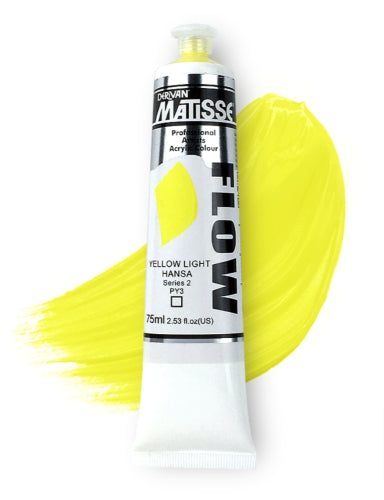 Matisse Flow Acrylic Paint in Light Hansa Yellow, 75ml, ideal for free-flowing strokes and versatile artistic techniques.