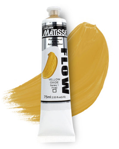 Matisse Flow 75ml Yellow Oxide S1 acrylic paint, vibrant low viscosity for smooth brushstrokes and versatile artistic techniques.