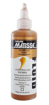 A 135ml bottle of Matisse Fluid Acrylic Paint in Australian Sienna, showcasing its rich earthy hue and versatile application.