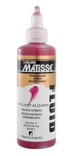 A 135ml bottle of Matisse Fluid Acrylic Paint in Brilliant Alizarin, showcasing vibrant, opaque color for versatile artistic applications.