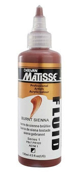 Matisse Fluid Acrylic Paint in Burnt Sienna, 135ml, showcasing rich, opaque color ideal for versatile artistic techniques.