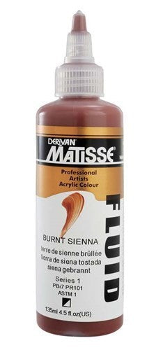 Matisse Fluid Acrylic Paint in Burnt Sienna, 135ml, showcasing rich, opaque color ideal for versatile artistic techniques.