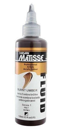 A bottle of Matisse Fluid Acrylic Paint in Burnt Umber, showcasing its rich color and versatility for various artistic techniques.