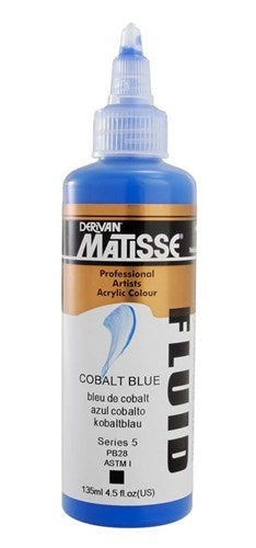 Matisse Fluid Acrylic Paint in Cobalt Blue, 135ml bottle, offers vibrant, highly pigmented color with excellent lightfastness.