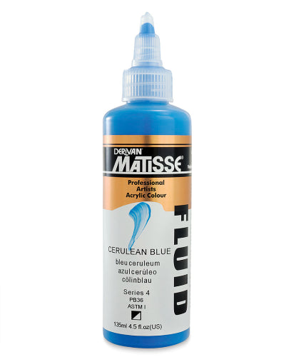 Matisse Fluid Acrylic Paint in Cerulean Blue, a 135ml tube featuring vibrant, high-pigment color with smooth application.