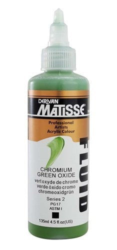 Matisse Fluid Acrylic Paint in Chrome Green Oxide, 135ml, featuring high pigmentation and versatile application for artists.