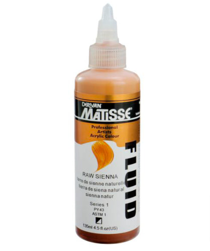 Matisse Fluid Acrylic Paint in Raw Sienna, 135ml, features high pigmentation for vibrant, smooth blending and precise application.