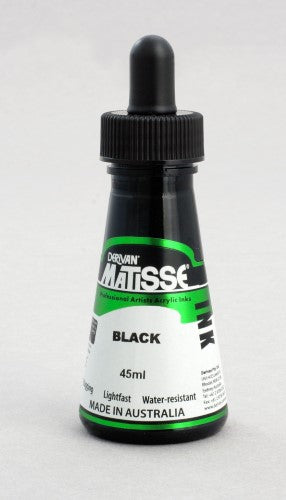 Matisse Ink 50ml Black in a bottle, showcasing rich, pigmented black ink ideal for calligraphy and versatile art techniques.