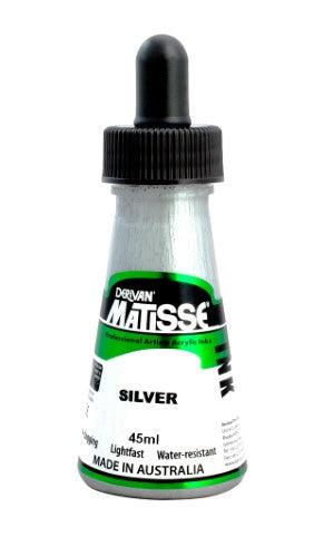 Matisse Ink 50ml Silver: High-quality acrylic ink with rich, metallic silver finish, perfect for various artistic techniques.