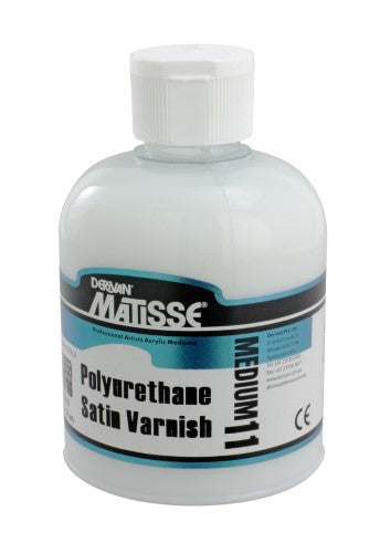 Matisse Mm11 250ml Poly-U-Satin Varnish bottle for protecting acrylic art with a clear, non-yellowing, satin finish.