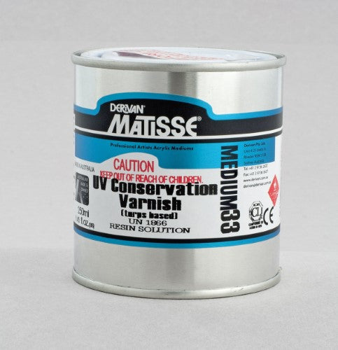 Matisse MM33 250ml UV Conservation Varnish provides clear, non-yellowing UV protection for preserving artwork vibrancy.