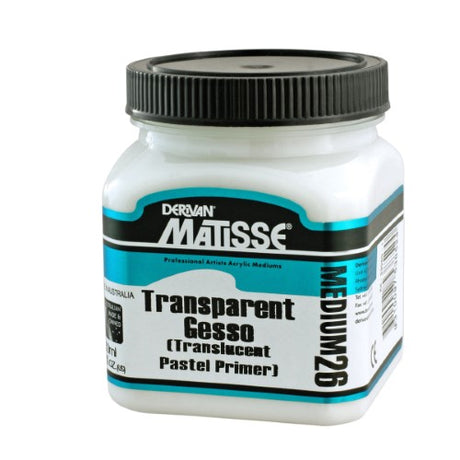 Matisse MM26 Transparent Gesso 250ml bottle, ideal for flexible priming on canvas, board, or paper, enhancing paint adherence.