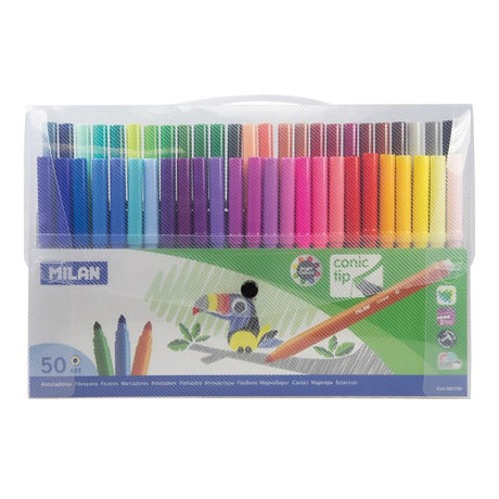 Set of 50 Milan Fibrepens with vibrant colors, 5 mm conical tips, water-based ink, and durable design, ideal for art and education.