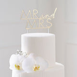 Modern Luxe Cake Topper in gold acrylic, featuring 'Mr and Mrs' for elegant wedding or anniversary celebrations.