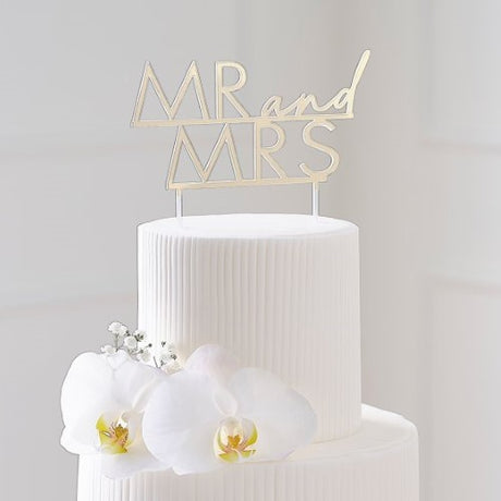 Modern Luxe Cake Topper in gold acrylic, featuring 'Mr and Mrs' for elegant wedding or anniversary celebrations.