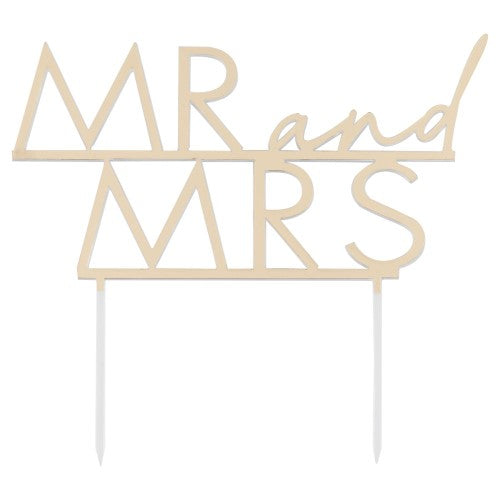 Elegant gold acrylic 'Mr and Mrs' cake topper, measuring 14.5cm x 15.8cm, perfect for weddings and celebrations.