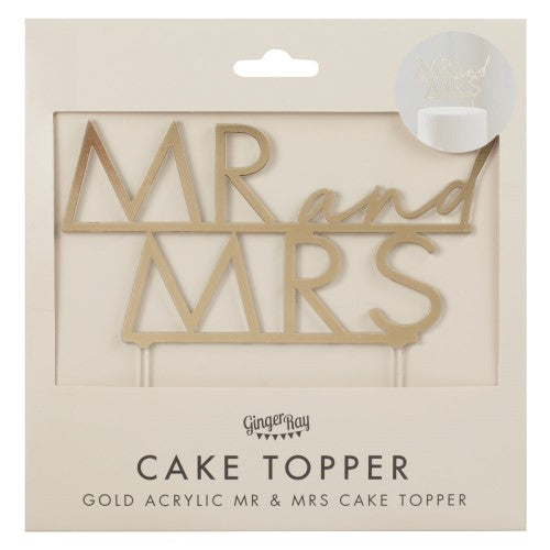 Gold acrylic 'Mr and Mrs' cake topper in champagne gold, 14.5cm tall, perfect for weddings and anniversaries.