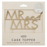 Gold acrylic 'Mr and Mrs' cake topper in champagne gold, 14.5cm tall, perfect for weddings and anniversaries.