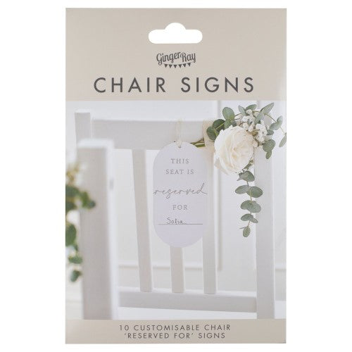 Modern Luxe Chair Signs in a pack of 10, featuring elegant 'This seat is reserved for...' messages, ideal for weddings.