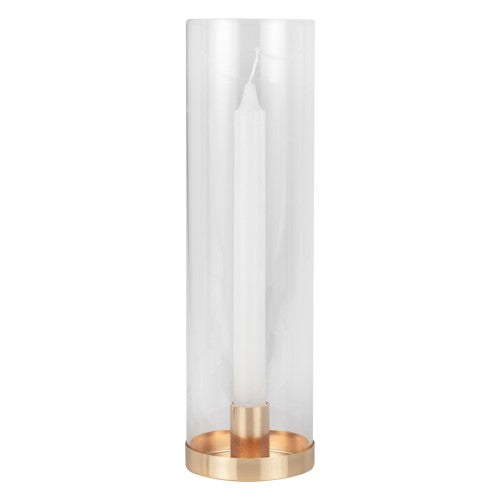 Elegant champagne gold hurricane candle holder with glass and white dinner candle, perfect for any decor style.