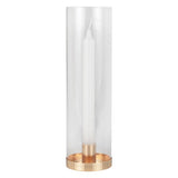 Elegant champagne gold hurricane candle holder with glass and white dinner candle, perfect for any decor style.