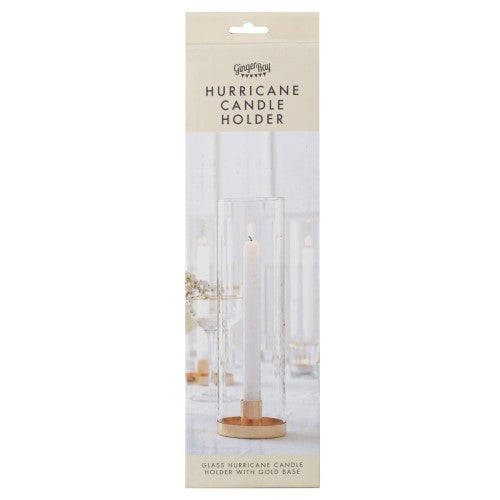 Modern Luxe Hurricane Candle Holder in champagne gold with glass holder, 28cm tall, includes white dinner candle for elegant decor.