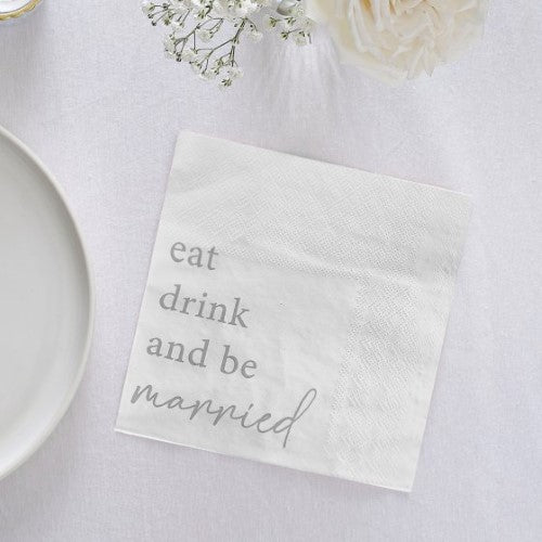 Elegant Modern Luxe Wedding Napkins with 'Eat, Drink and Be Married' design, perfect for wedding receptions, pack of 16.