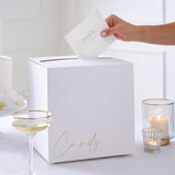 Elegant white wedding card box with champagne gold foil writing, measuring 25cm, perfect for stylish card collection.