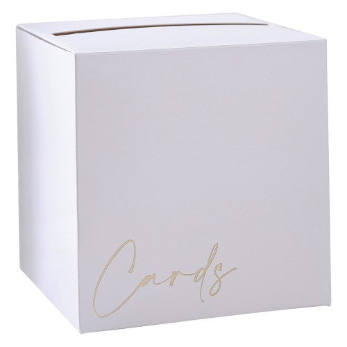 Elegant white wedding card box with champagne gold foil writing, measuring 25cm, perfect for collecting guest wishes.